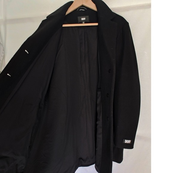 DKNY Wool Blend Over Coat XXL Black Longline Button Front Stand Collar Jacket - Picture 5 of 13